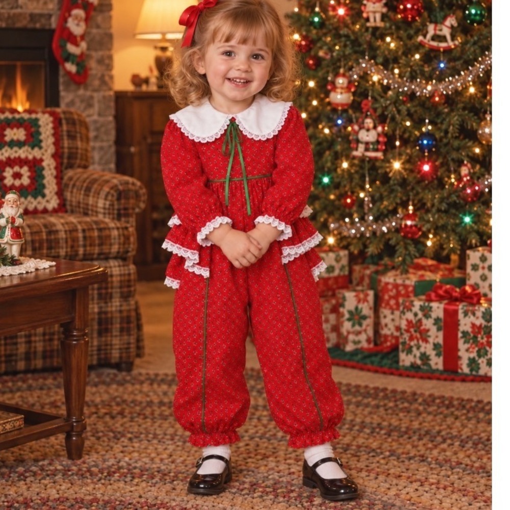 Vintage BRYAN SZ 3 Red Floral Christmas Romper Jumpsuit lace snap